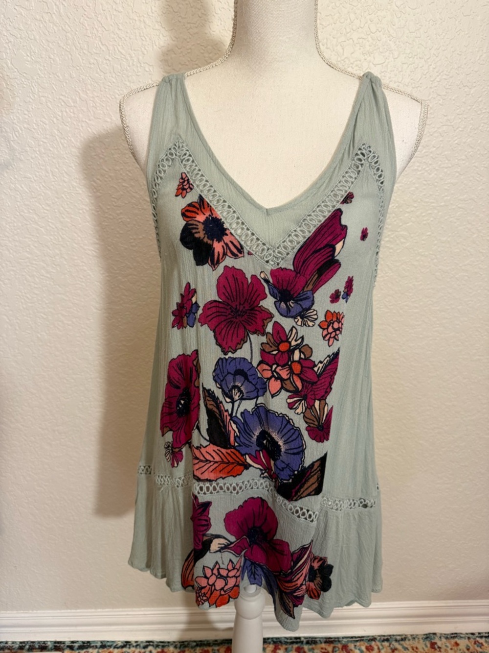 Free People Pale Blue Floral V-Neck Camisole with Pink and Purple Blooms